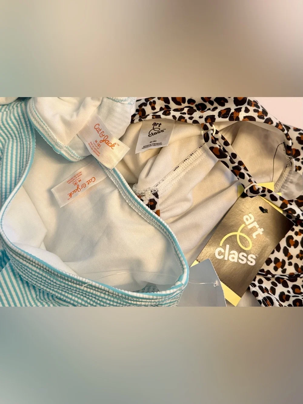 Cat & Jack Girls' Mint Stripe Bikini and Art class Leopard One-Piece Swim Set